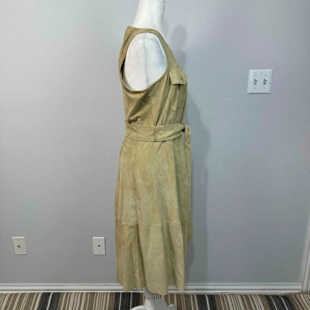 Lauren Ralph Lauren 100% Goat Suede Belted Sleeveless Dress Faux‎ Wrap Tan Sz 10